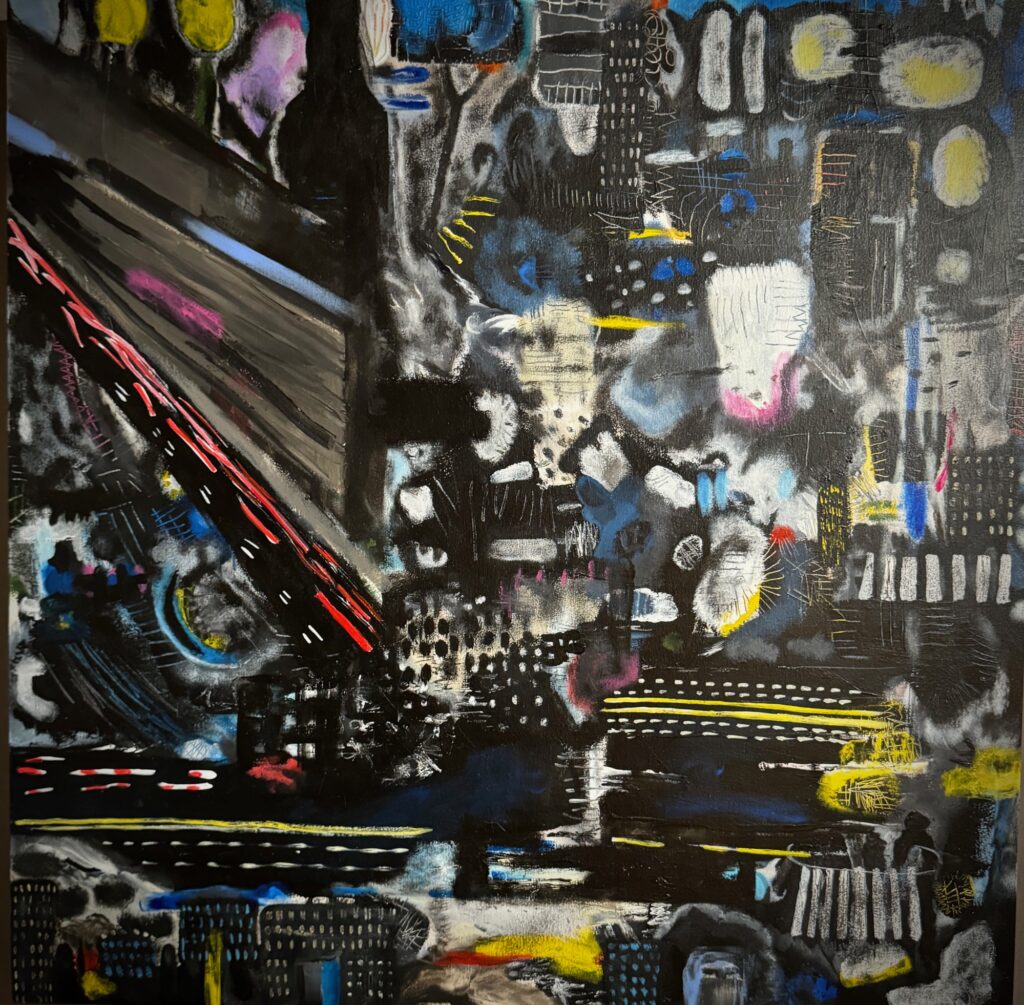 Jennie Carr, 18 Hours in Manhattan #1, acrylic on wood, 20 x 20 inches