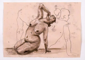 Allison Belolan, Shifting Woman 1, trace monotype with acorn ink on paper, 12 x 16 inches