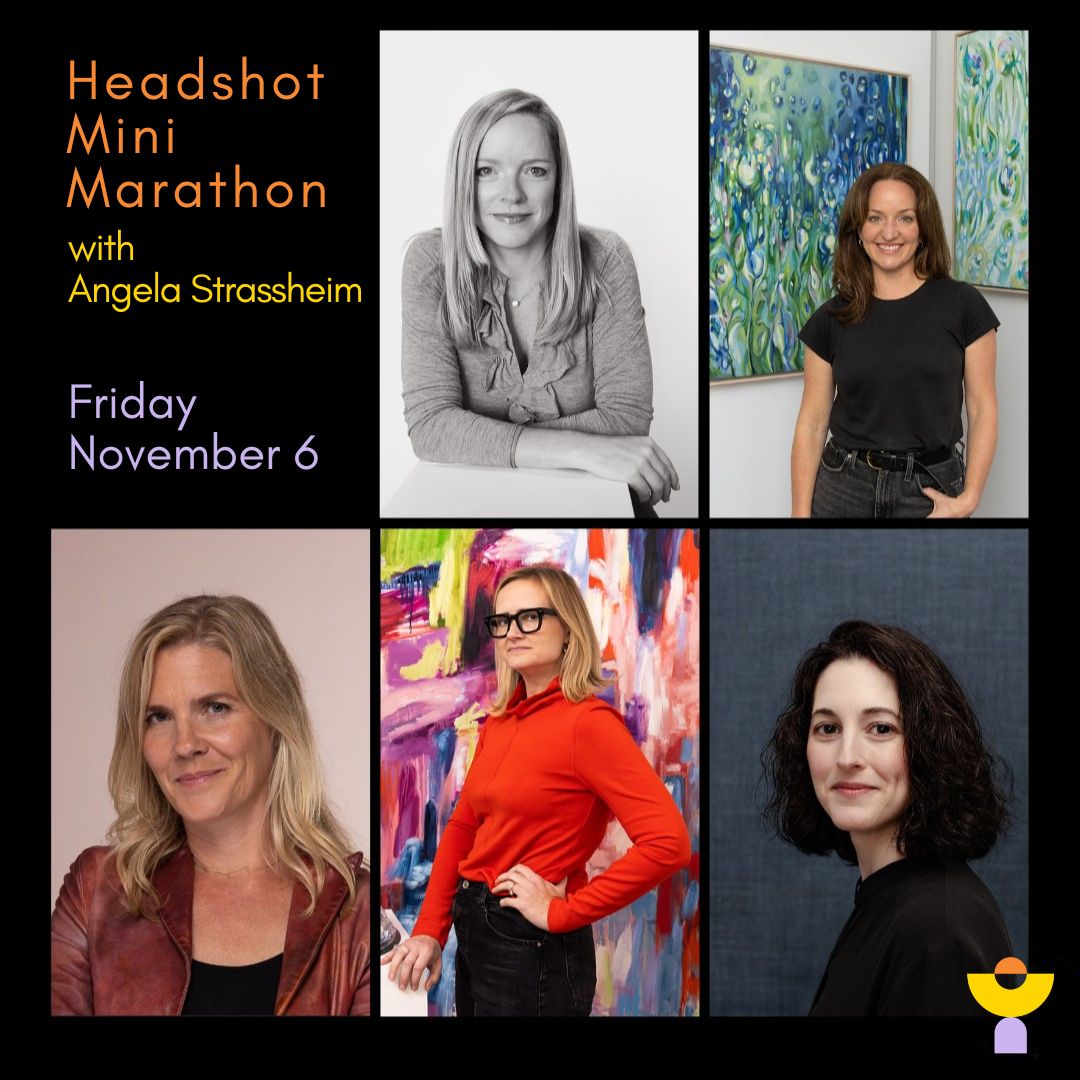Event graphic for the Headshot Mini Marathon with Angela Strassheim on Friday, November 6. It shows five headshot portraits of women, some posed in front of colorful paintings, with the Yellow Studio logo in the corner.